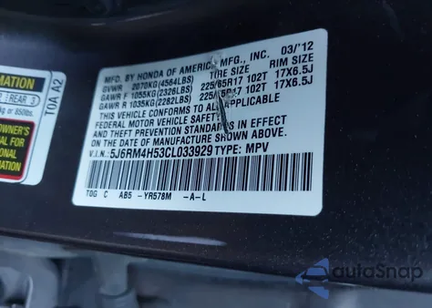 2012 Honda Cr-V Ex from USA, damaged, VIN 5J6RM4H53CL033929